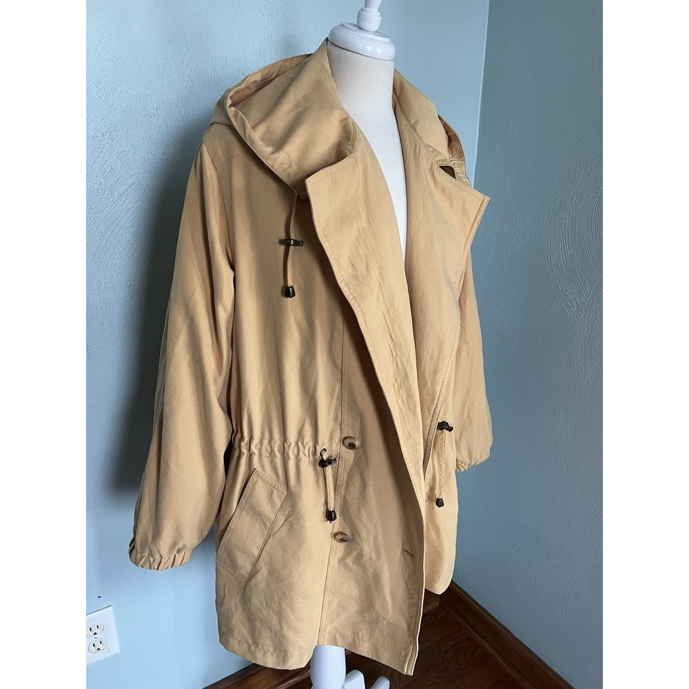 Vtg 80's Gallery‎ Butter Yellow M Coat Cinch Waist Shoulder Pads Hooded Tassles - Picture 3 of 9
